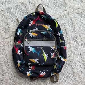 L.L. Bean Kids Navy Backpack with Multicolor Shark Print